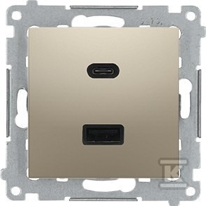 Ładowarka USB podwójna, C+A, złoty mat, metalizowany, maksymalna moc ładowania:30W,