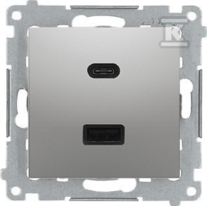 Ładowarka USB podwójna, C+A, srebrny mat, metalizowany, maksymalna moc ładowania:30W,